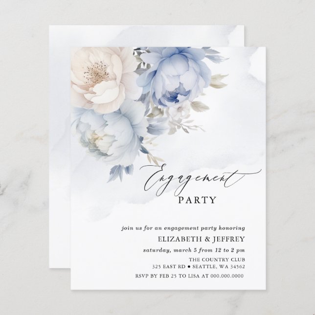 Budget Blue Floral Engagement Party Invitations (Front/Back)