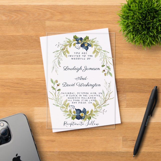 Budget Blue floral frame wedding invitation (Insitu (Invitation Card))