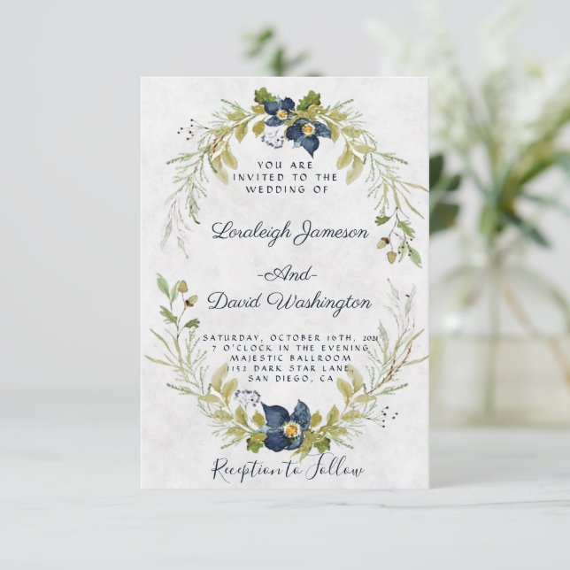Budget Blue floral frame wedding invitation (Standing Front)
