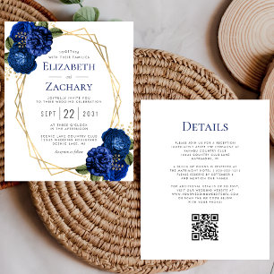 Budget Blue Floral Gold QR Code Wedding
