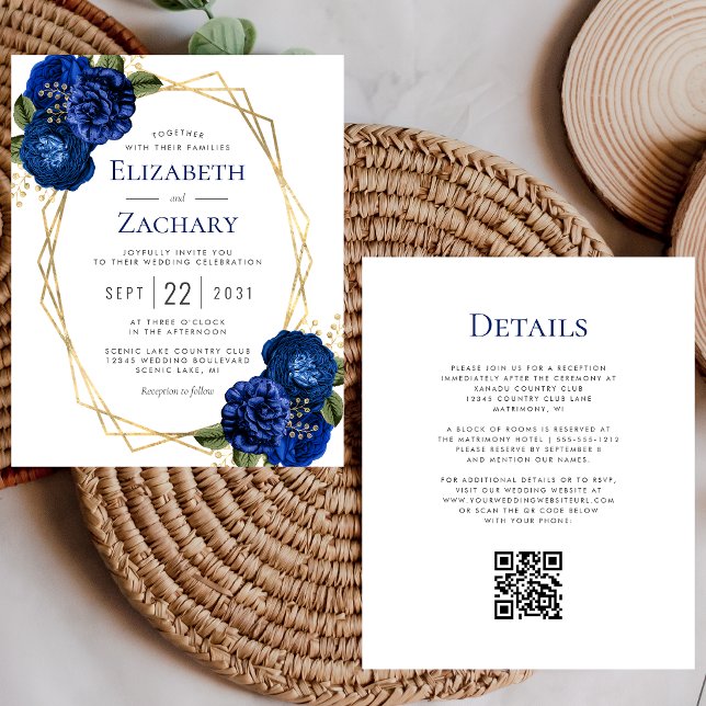 Budget Blue Floral Gold QR Code Wedding (Creator Uploaded)