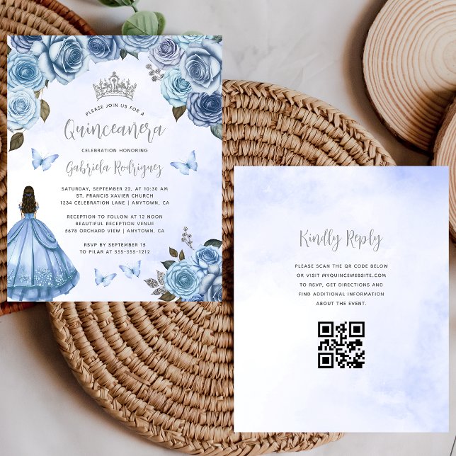 Budget Blue Floral QR Code Quinceañera Invite (Creator Uploaded)