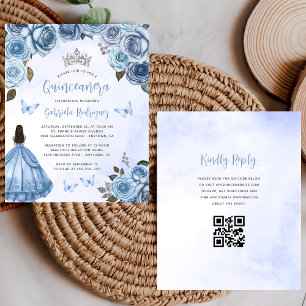 Budget Blue Floral QR Code Quinceañera Invite