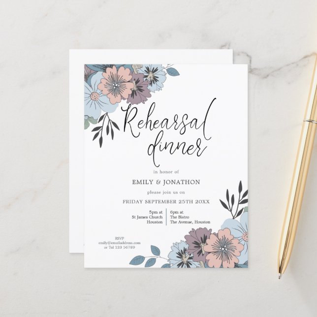 Budget Blue Floral Rehearsal Dinner Invitation (Front/Back In Situ)
