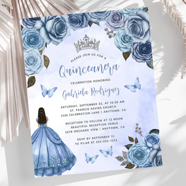 Budget Blue Floral Roses Quinceañera Invite (Creator Uploaded)
