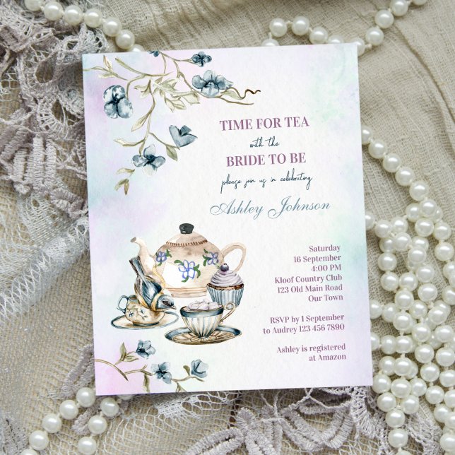 Budget blue floral tea party bridal shower invitat (Creator Uploaded)