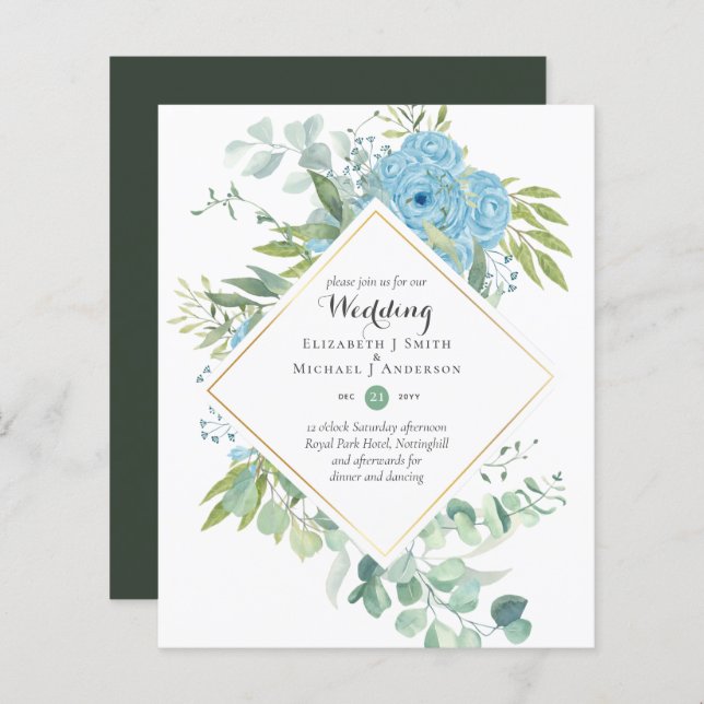 BUDGET Blue Floral Wedding Invitations Eucalyptus (Front/Back)