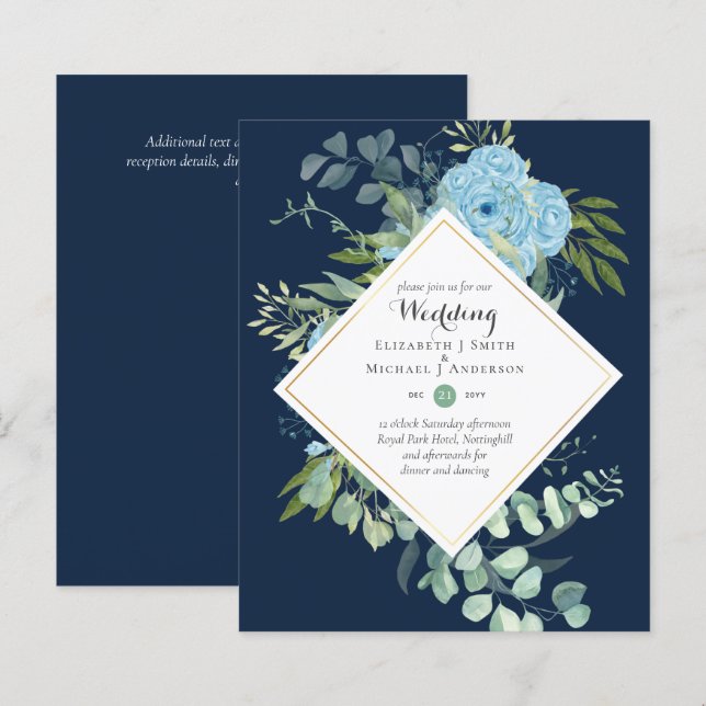 BUDGET Blue Floral Wedding Invitations Eucalyptus (Front/Back)