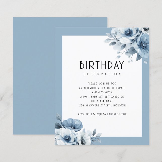 Budget Blue Florals Afternoon Tea 80th Birthday  (Front/Back)