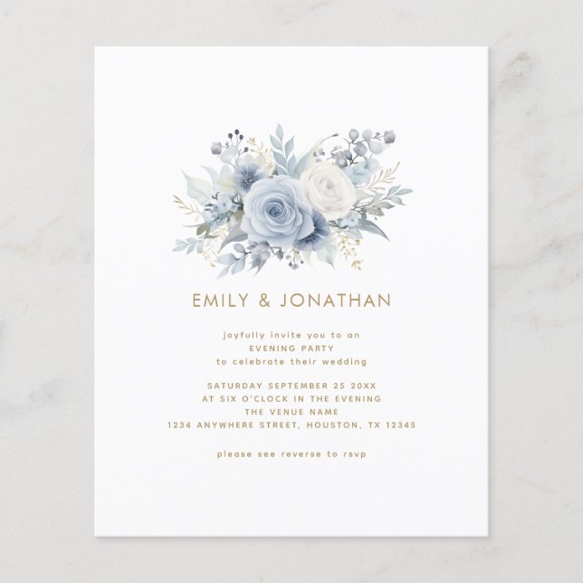 Budget Blue Florals Gold QR Wedding Evening Party (Front)