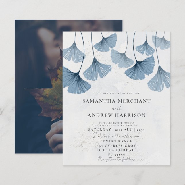 Budget Blue Ginkgo Wedding Invitation (Front/Back)