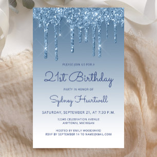 Budget Blue Glitter Drip 21st Birthday Invite