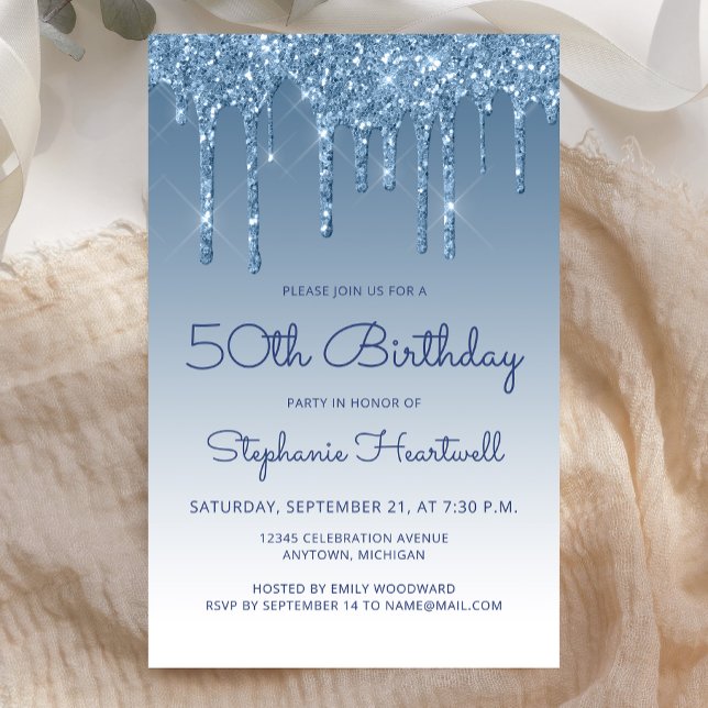 Budget Blue Glitter Drip 50th Birthday Invite (Creator Uploaded)