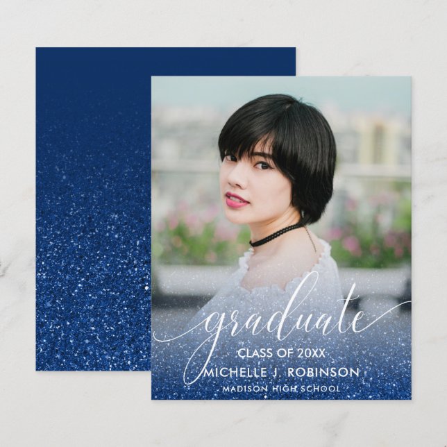 BUDGET BLUE Glitter Ombre Girly Photo Graduation (Front/Back)