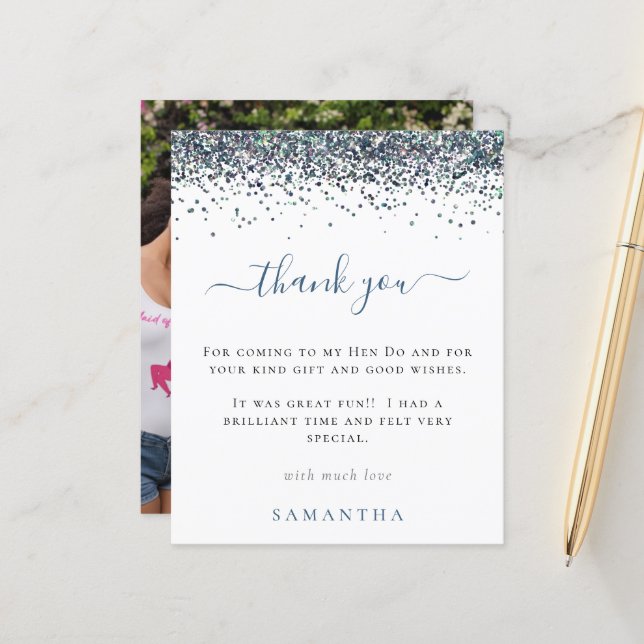 Budget Blue Glitter Photo Hen Party Thank You (Front/Back In Situ)