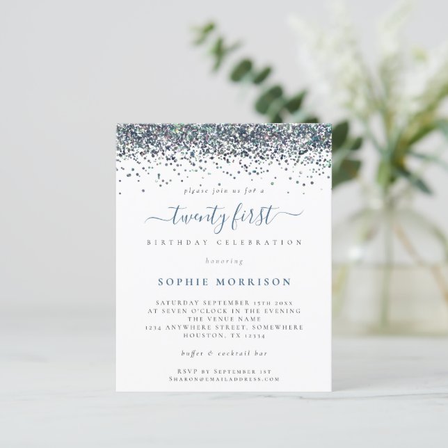 Budget Blue Glitter Twenty First Party Invite (Standing Front)