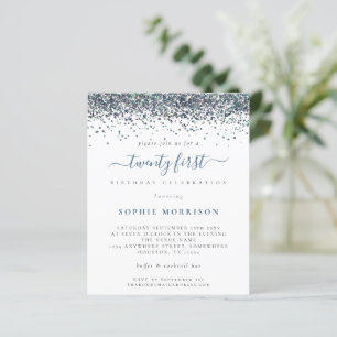 Budget Blue Glitter Twenty First Party Invite