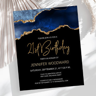 Budget Blue Gold Agate 21st Birthday Invitation