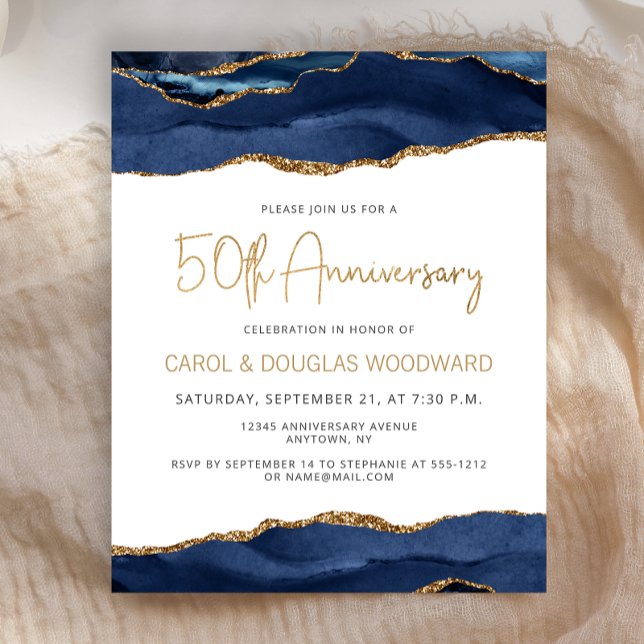 Budget Blue Gold Agate 50th Anniversary Invitation (Creator Uploaded)