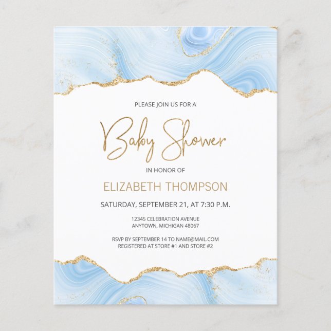 Budget Blue Gold Agate Boy Baby Shower Invitation (Front)