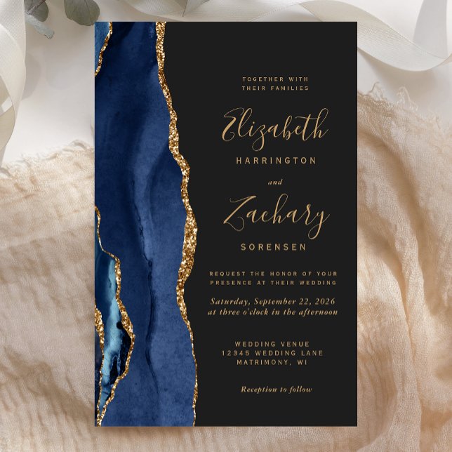 Budget Blue Gold Agate Dark Wedding Invitation (Creator Uploaded)