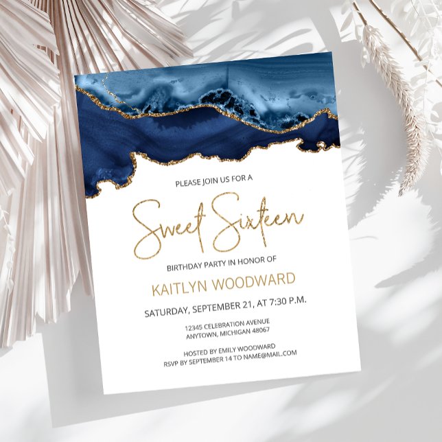 Budget Blue Gold Agate Sweet 16 Invitation (Creator Uploaded)