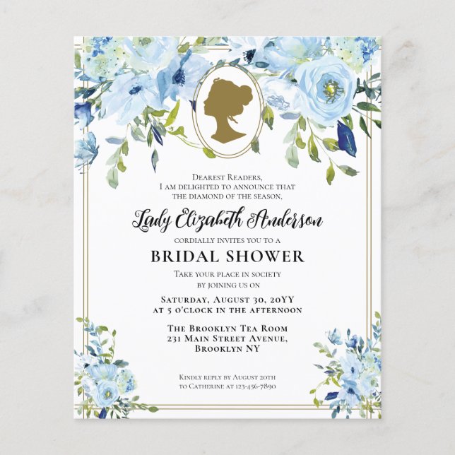 Budget Blue Gold Florals Regency Bridal Shower (Front)