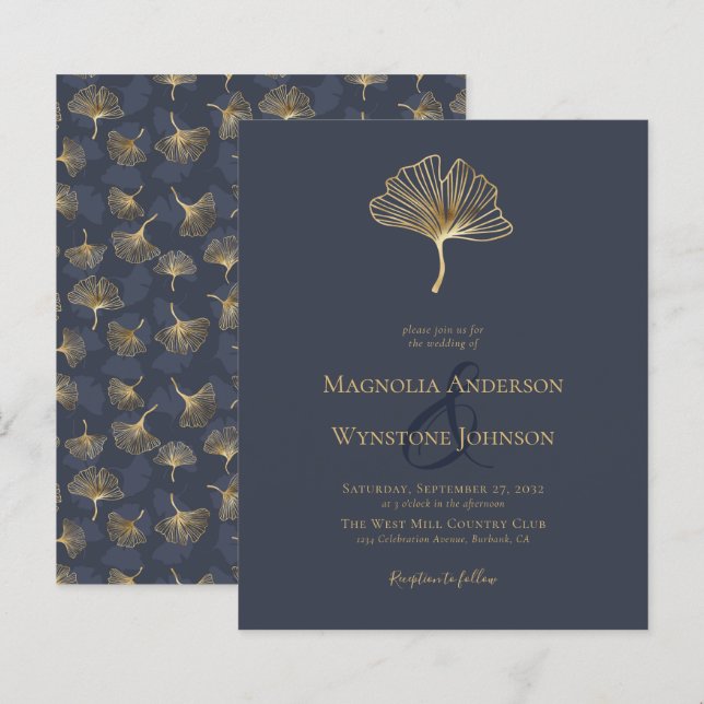 Budget Blue Gold Foil Elegant Wedding Invitation (Front/Back)