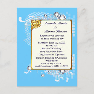 Budget Blue & Gold Frame & Diamonds Image Wedding Postcard
