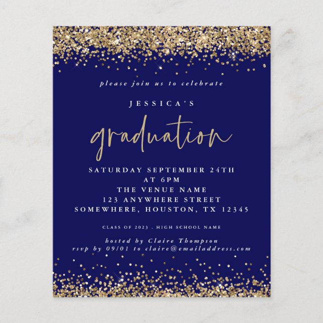 Budget Blue Gold Glitter 2024 Graduation Invite (Front)