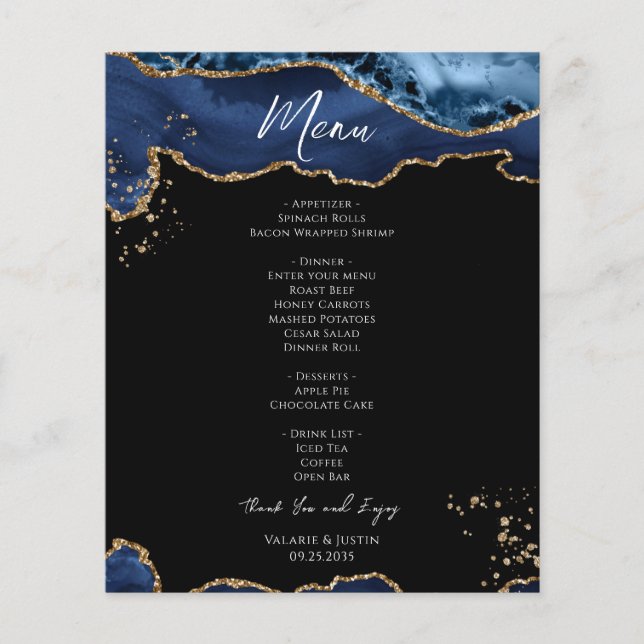 Budget Blue Gold Glitter Marble Wedding Menu (Front)