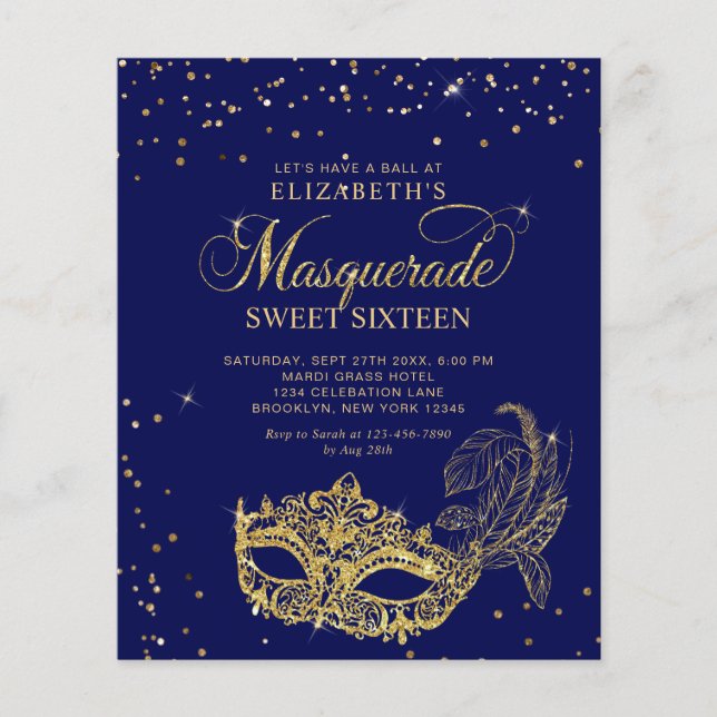 BUDGET Blue Gold Glitter Masquerade Sweet 16 (Front)