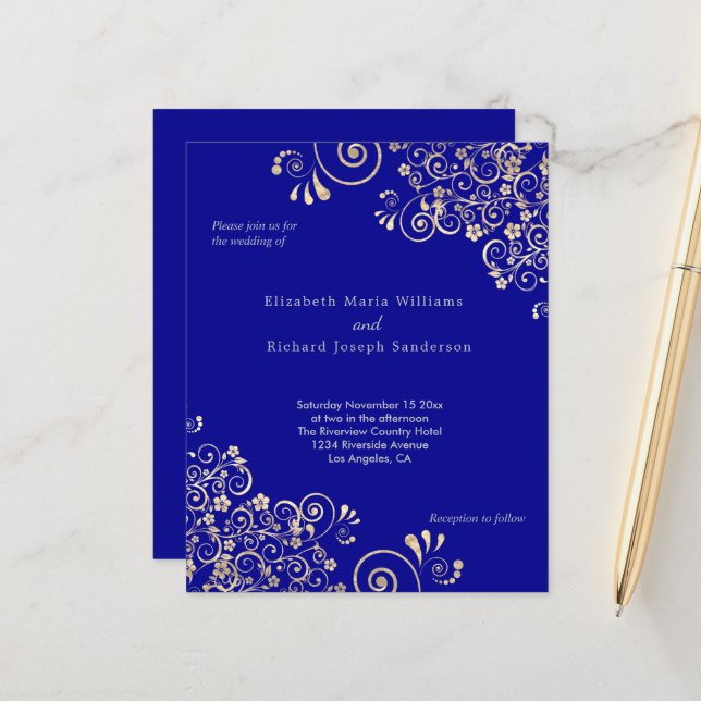 Budget Blue Gold Swirls Wedding Invitation (Front/Back In Situ)