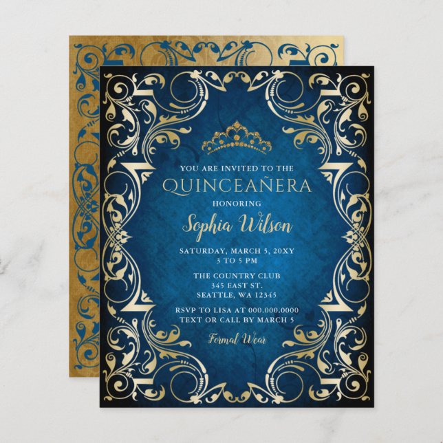 Budget Blue Gold Tiara Quinceañera Invitation (Front/Back)