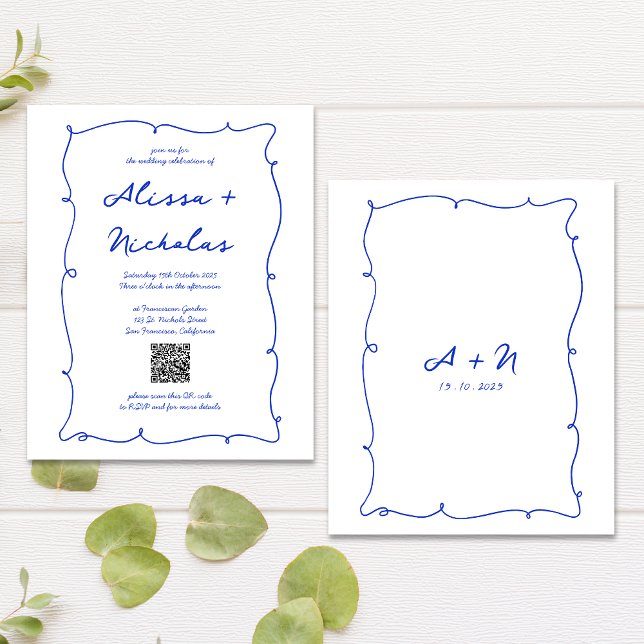 Budget Blue Hand Drawn Monogram QR code Wedding (Creator Uploaded)