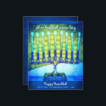 Budget Blue Hanukkah Menorah Shine Bright Card<br><div class="desc">“Shine bright all season long.” White calligraphy script and an artsy, close-up photo illustration of a bright, colourful, blue menorah help you usher in the holiday of Hanukkah. Feel the warmth and joy of the holiday season whenever you send this stunning, colourful Hanukkah budget greeting card. Matching envelopes, stickers, tote...</div>