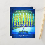 Budget Blue Hanukkah Menorah Shine Bright Card<br><div class="desc">“Shine bright all season long.” White calligraphy script and an artsy, close-up photo illustration of a bright, colourful, blue menorah help you usher in the holiday of Hanukkah. Feel the warmth and joy of the holiday season whenever you send this stunning, colourful Hanukkah budget greeting card. Matching envelopes, stickers, tote...</div>