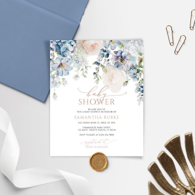 Budget Blue Hydrangea Blush Baby Shower Invitation (Creator Uploaded)