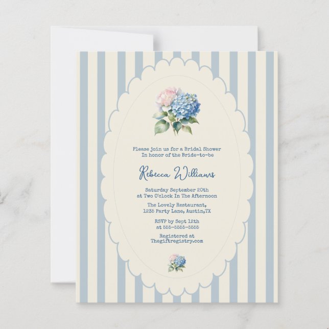 Budget Blue Hydrangea Coastal Stripe Bridal Shower (Front)