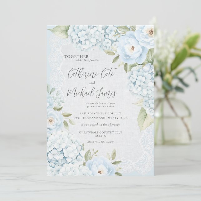 Budget Blue Hydrangea Elegant Floral Lace Wedding  Invitation (Standing Front)