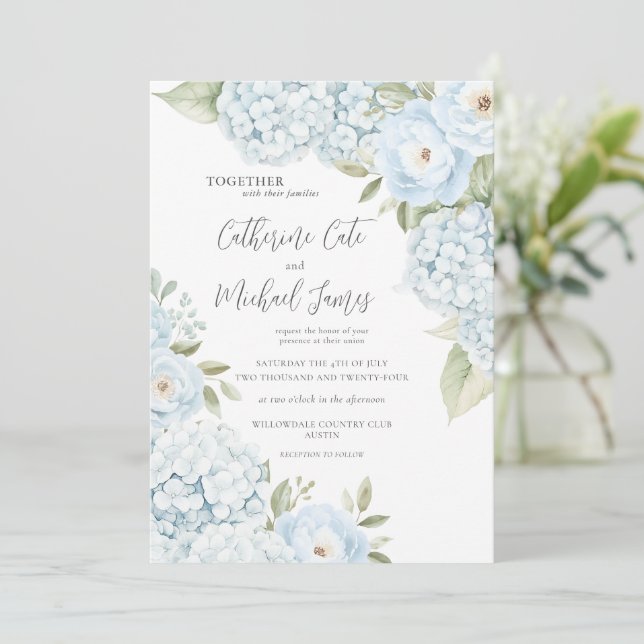 Budget Blue Hydrangea Elegant Floral Wedding  Invitation (Standing Front)