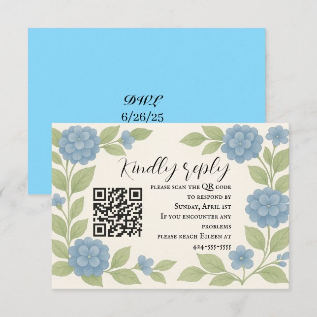Budget Blue Hydrangea QR Code RSVP Card (Front/Back)