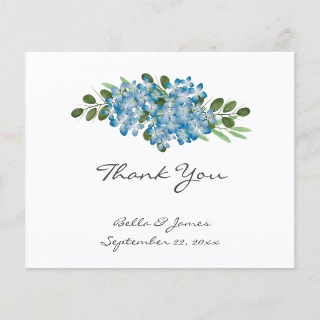Budget Blue Hydrangea Wedding Thank You Card (Front)