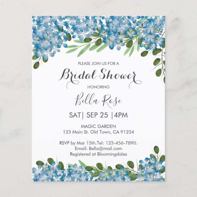 Budget Blue Hydrangeas Bridal Shower Invitation (Front)