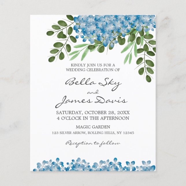 Budget Blue Hydrangeas Wedding Invitation (Front)