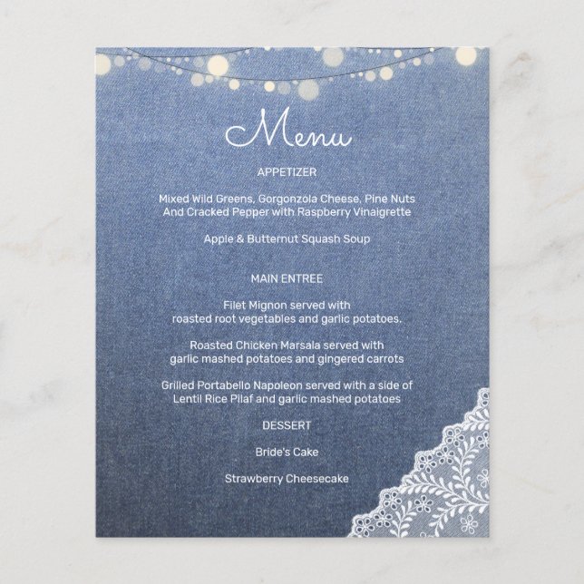 Budget Blue Jeans, String Lights & Lace Menu (Front)