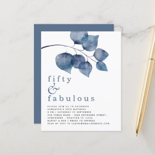 Budget Blue Leaves 50th Birthday Invitation
