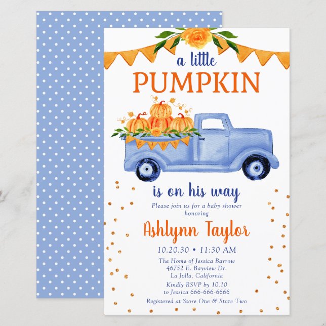 Budget Blue Little Pumpkin Baby Shower Invitation (Front/Back)