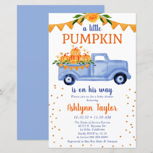 Budget Blue Little Pumpkin Baby Shower Invitation