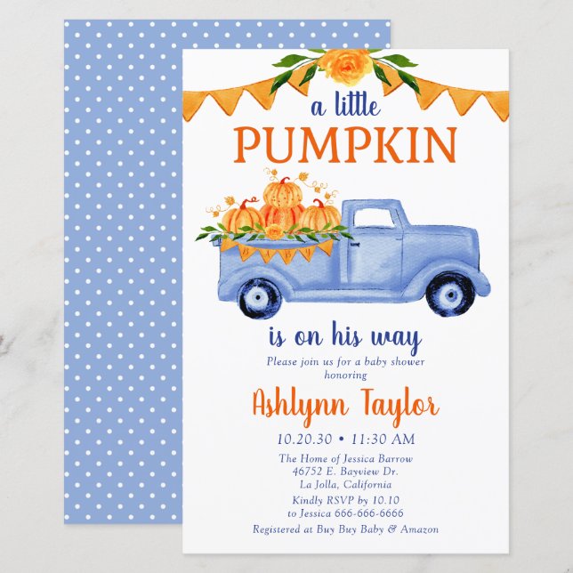 Budget Blue Little Pumpkin Baby Shower Invitation (Front/Back)